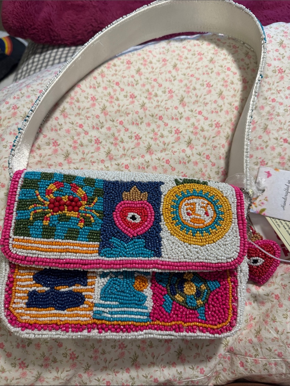Hand-Beaded Multicolor Crossbody Bag - Pink/Blue Accents